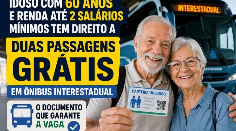 Idosos com mais de 60 anos segurando Carteira do Idoso em frente a ônibus interestadual destacando direito a passagens gratuitas.