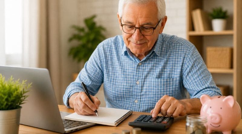 Organização financeira para aposentados com idoso controlando contas e orçamento doméstico.
