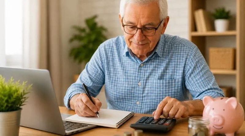 Organização financeira para aposentados com idoso controlando contas e orçamento doméstico.