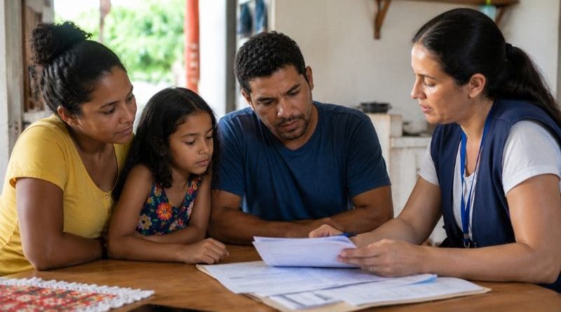 Família recebendo agente durante visita do Bolsa Família 2026 para atualização cadastral e revisão de benefício