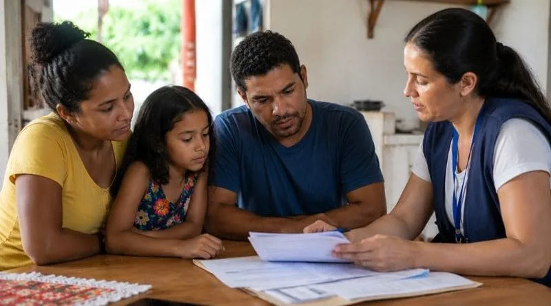 Família recebendo agente durante visita do Bolsa Família 2026 para atualização cadastral e revisão de benefício